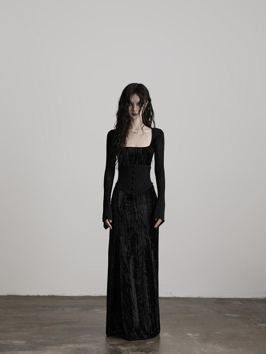 INDULGE Elegant Spliced Square Neck Long Sleeve Soft Stretch Black Bodycon Maxi Dresses