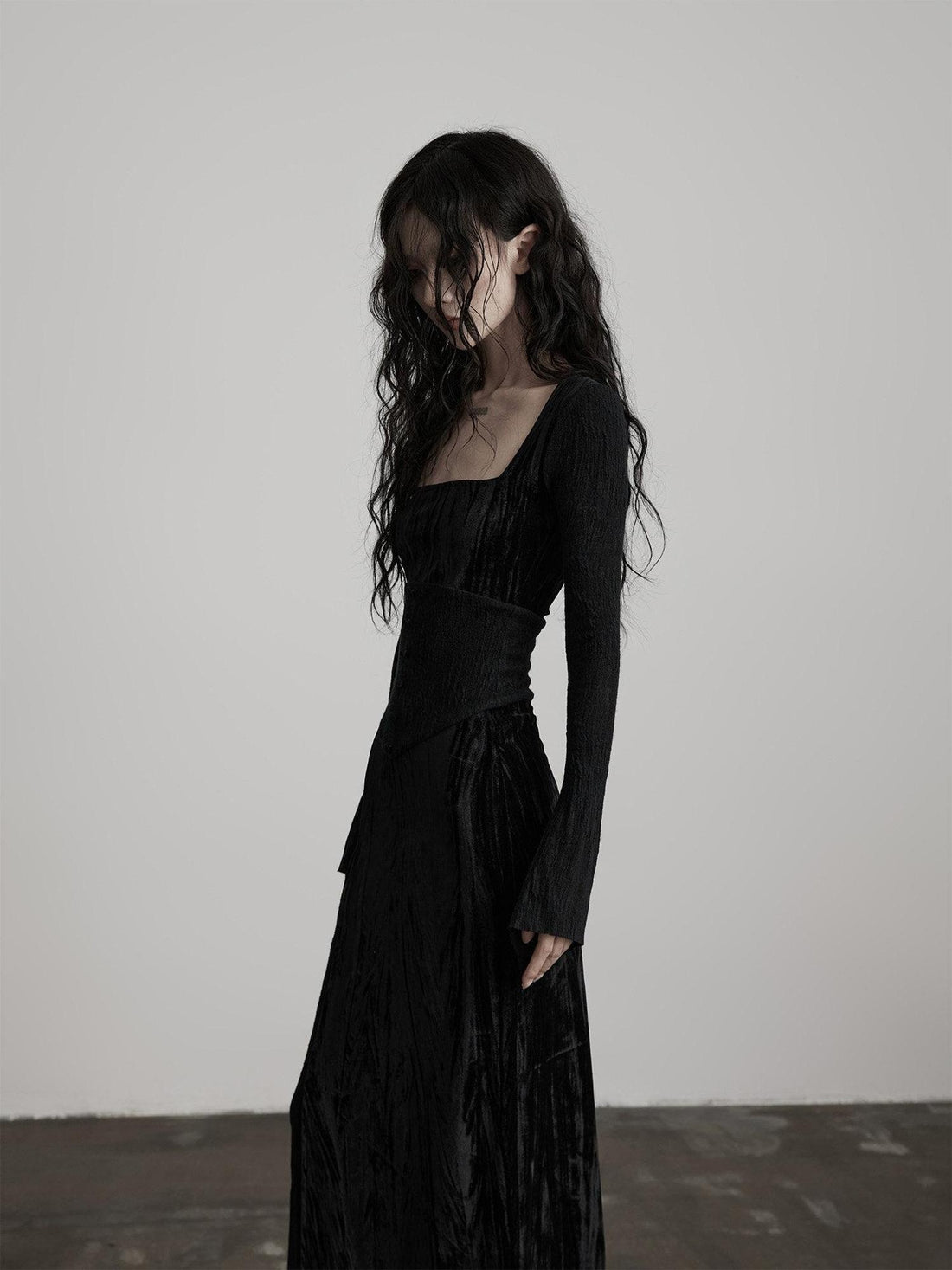 INDULGE Elegant Spliced Square Neck Long Sleeve Soft Stretch Black Bodycon Maxi Dresses
