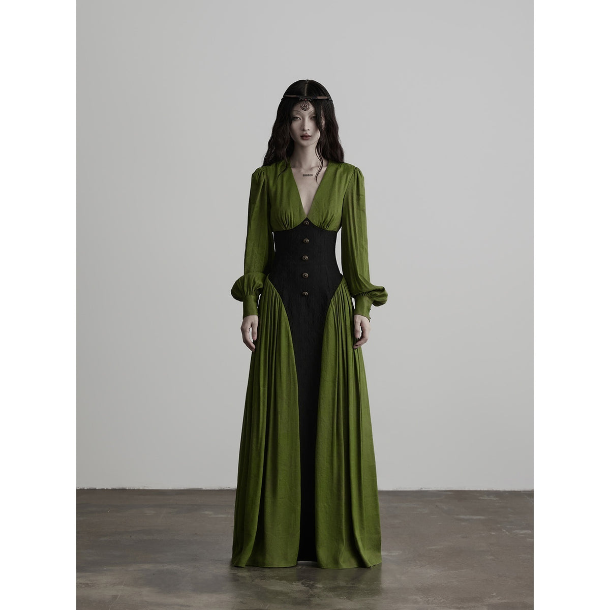 INDULGE_Elegant_V-neck_Long_Sleeve_A_Line_Waist_Cinched_Women&