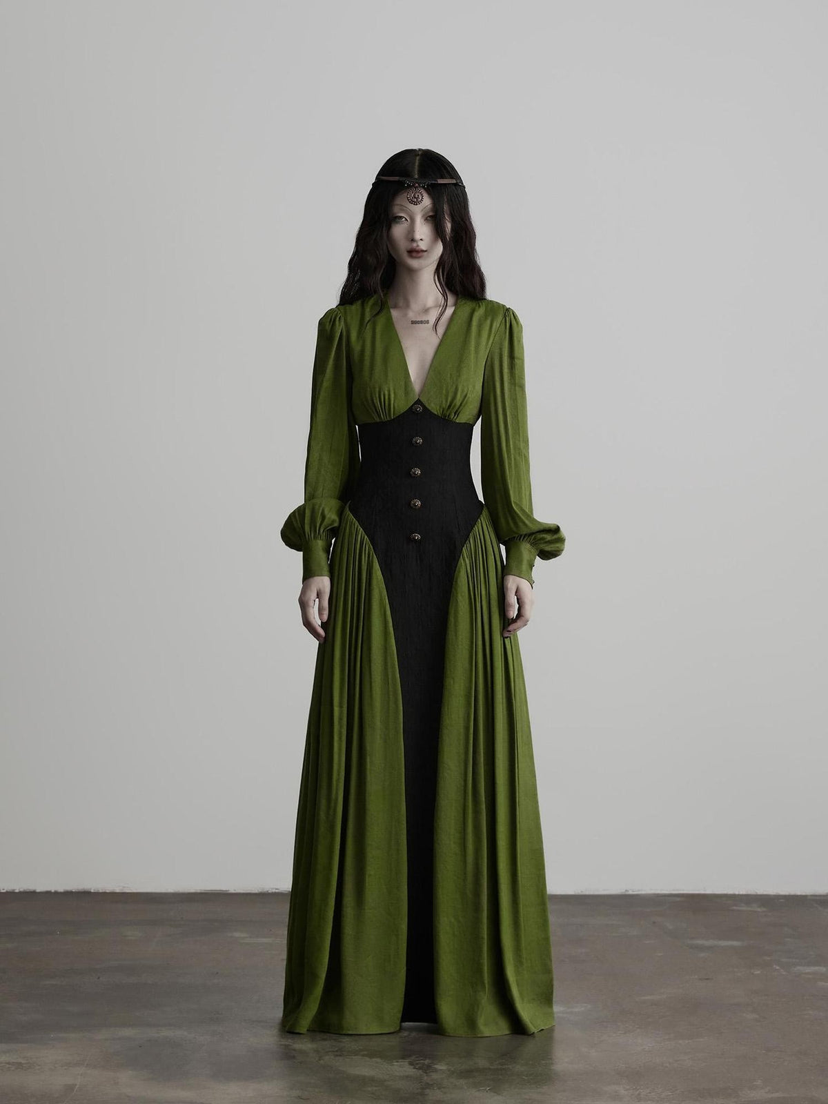 INDULGE Elegant V-neck Long Sleeve A Line Waist Cinched Women&