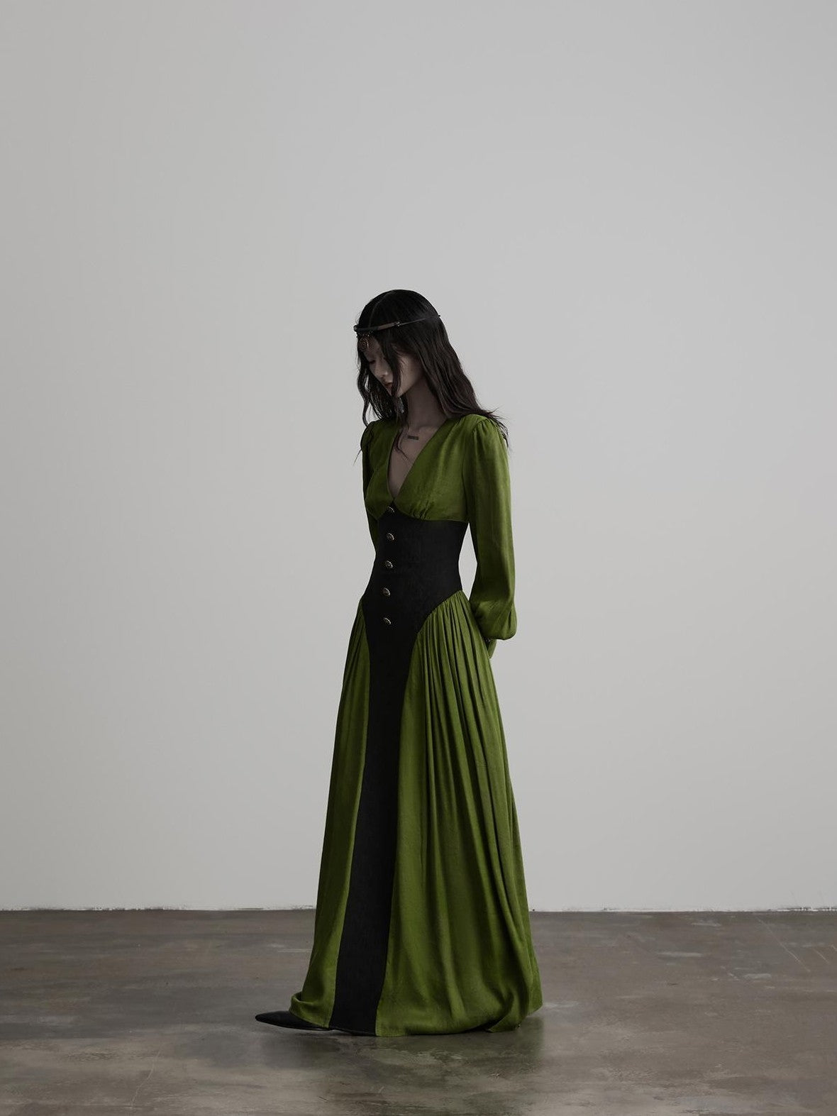 INDULGE Elegant V-neck Long Sleeve A Line Waist Cinched Women&