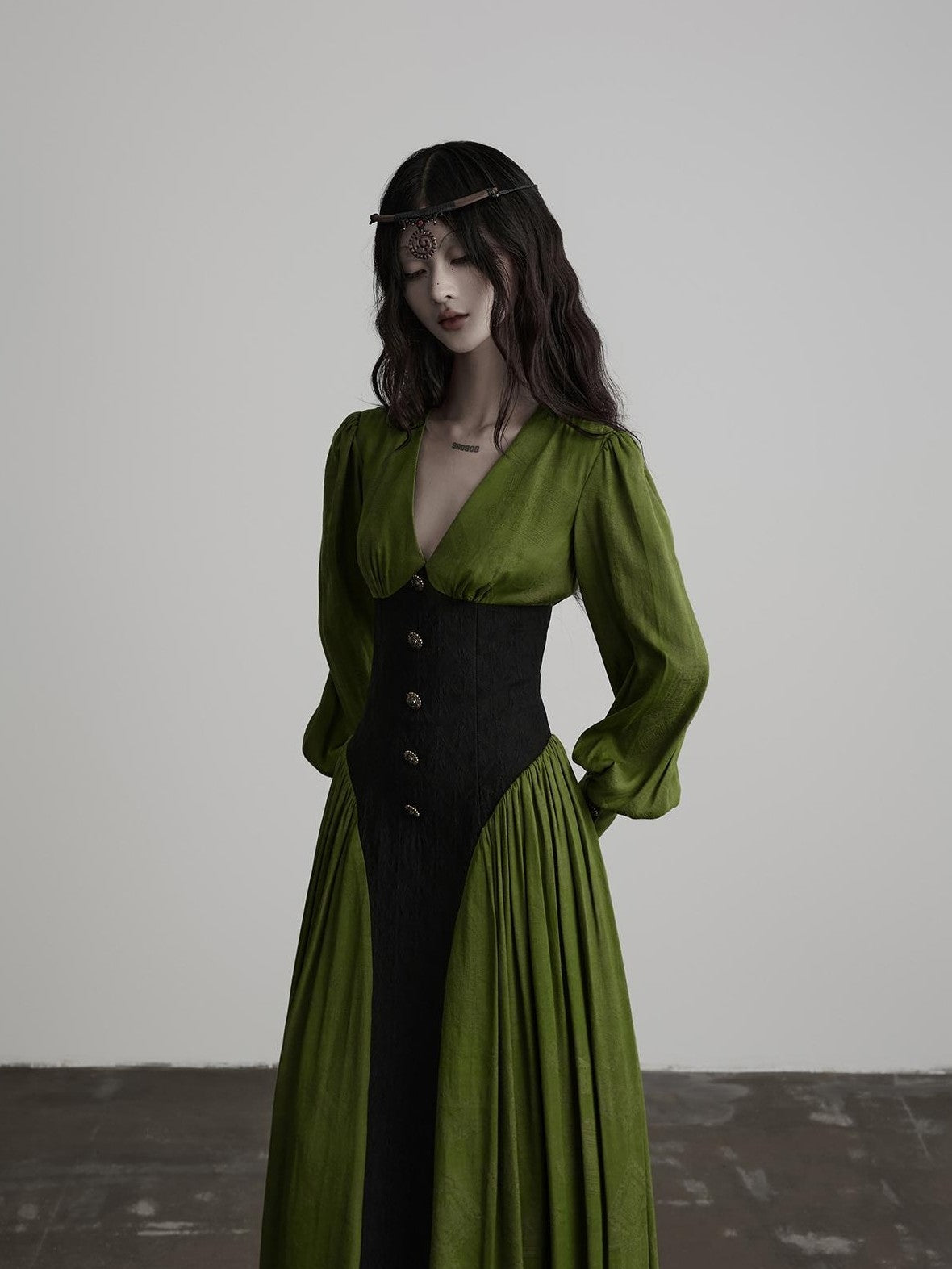 INDULGE Elegant V-neck Long Sleeve A Line Waist Cinched Women&