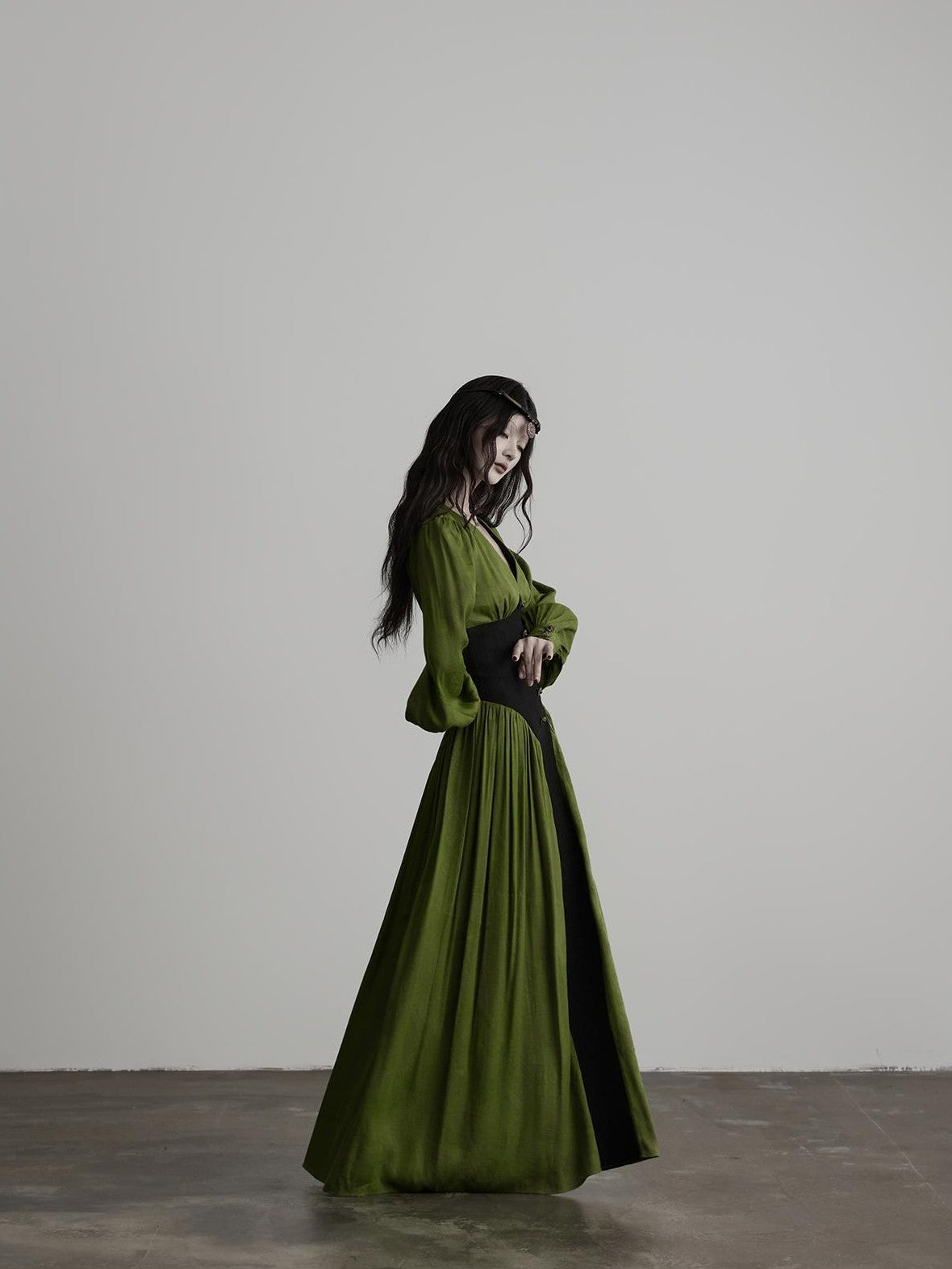 INDULGE Elegant V-neck Long Sleeve A Line Waist Cinched Women&
