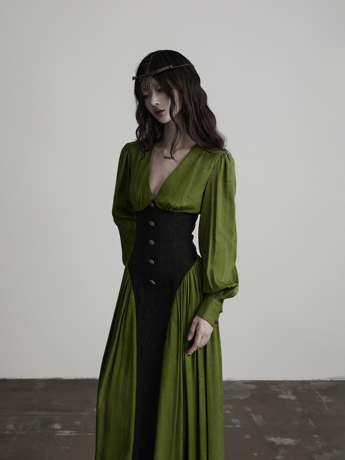 INDULGE Elegant V-neck Long Sleeve A Line Waist Cinched Women&