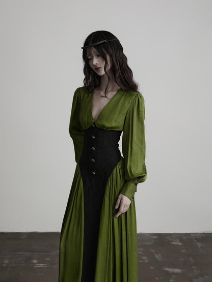 INDULGE Elegant V-neck Long Sleeve A Line Waist Cinched Women&