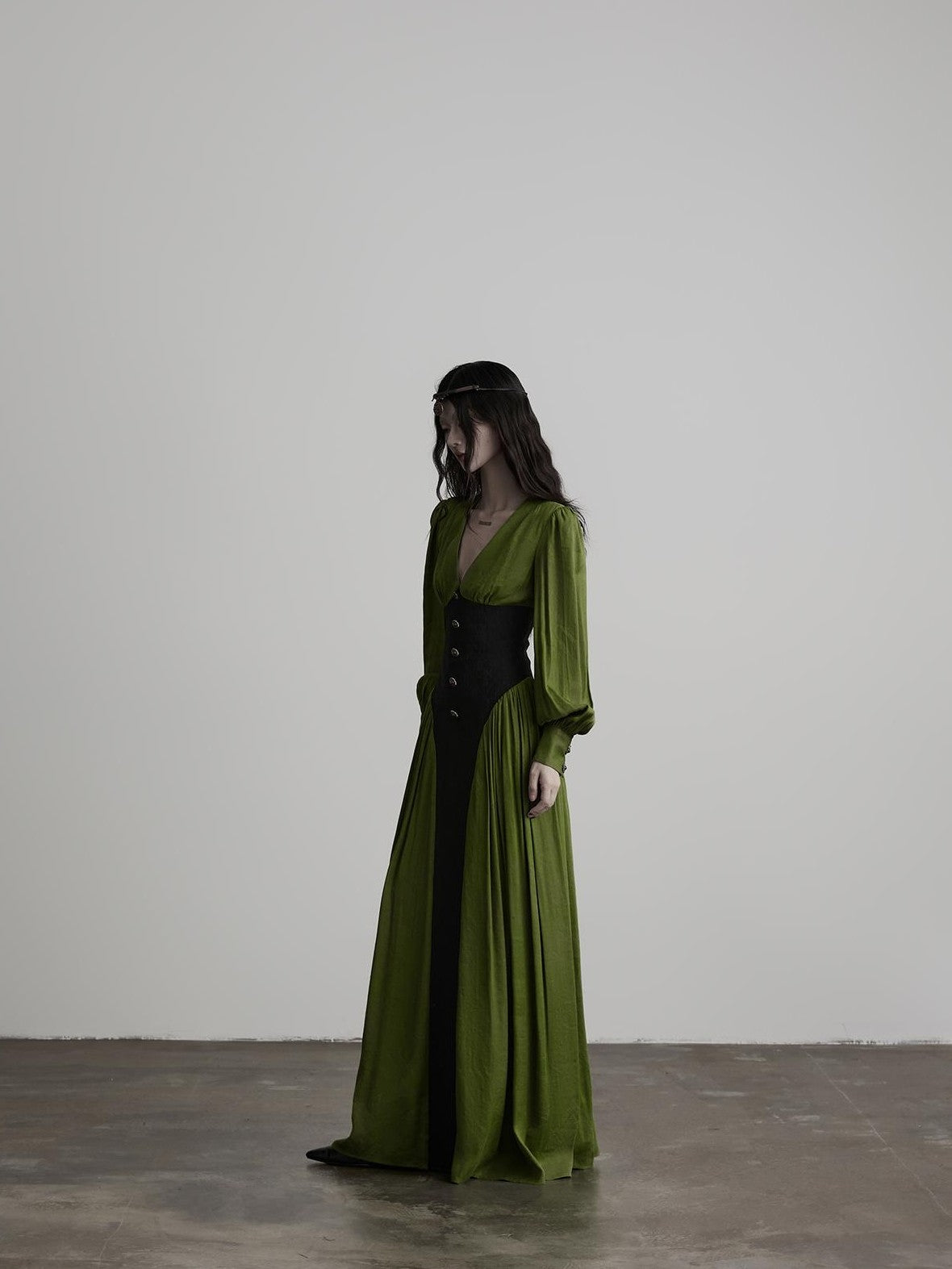 INDULGE Elegant V-neck Long Sleeve A Line Waist Cinched Women&