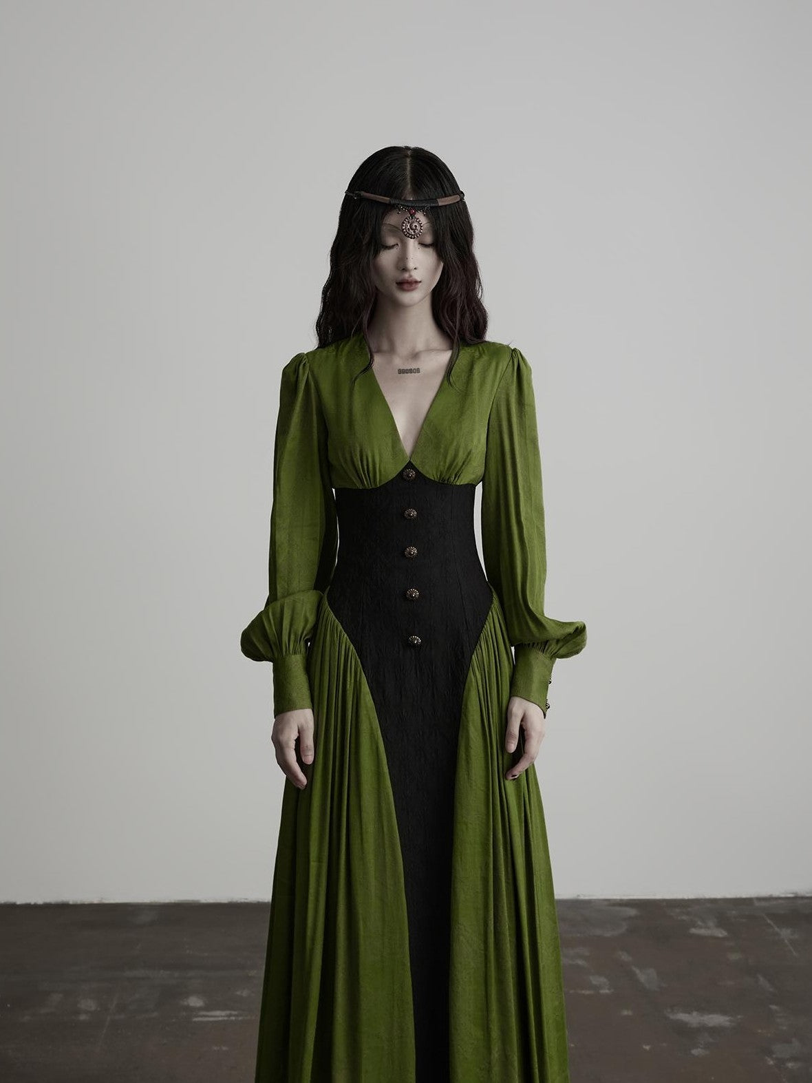 INDULGE Elegant V-neck Long Sleeve A Line Waist Cinched Women&