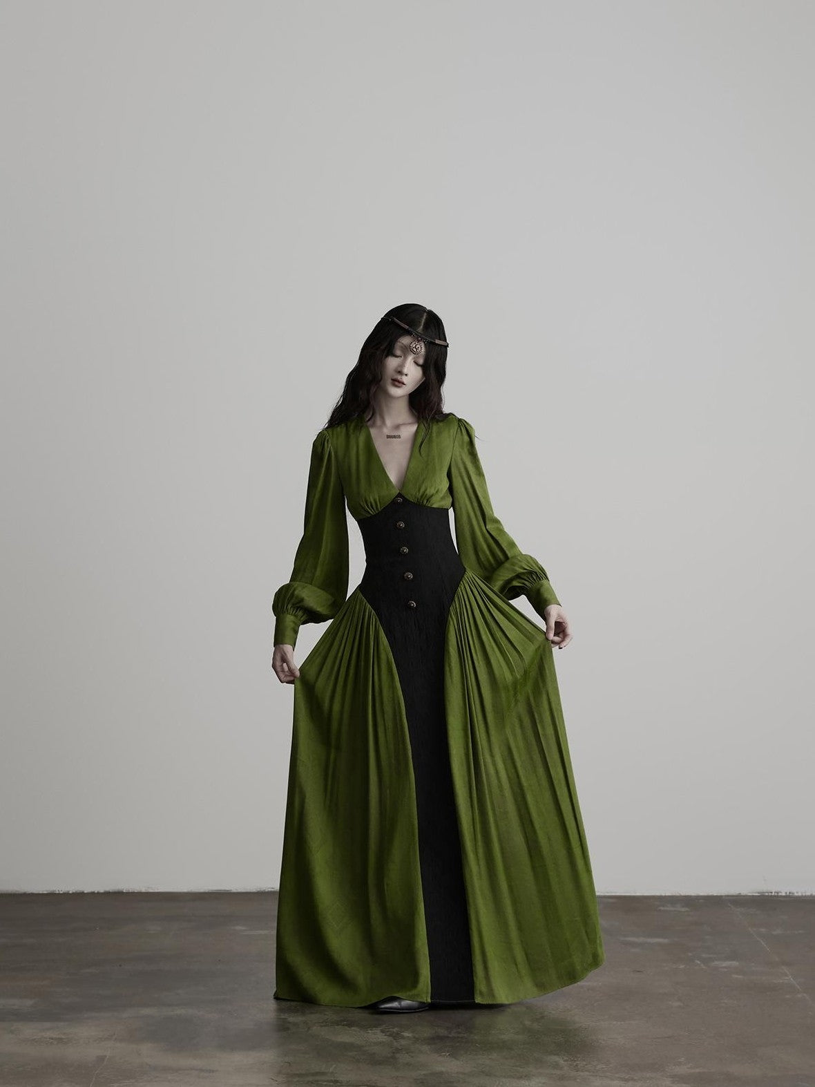 INDULGE Elegant V-neck Long Sleeve A Line Waist Cinched Women&
