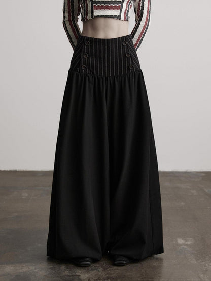 INDULGE Elegant Victorian Striped Button Natural Waist Flared Women Wide-Leg Pants