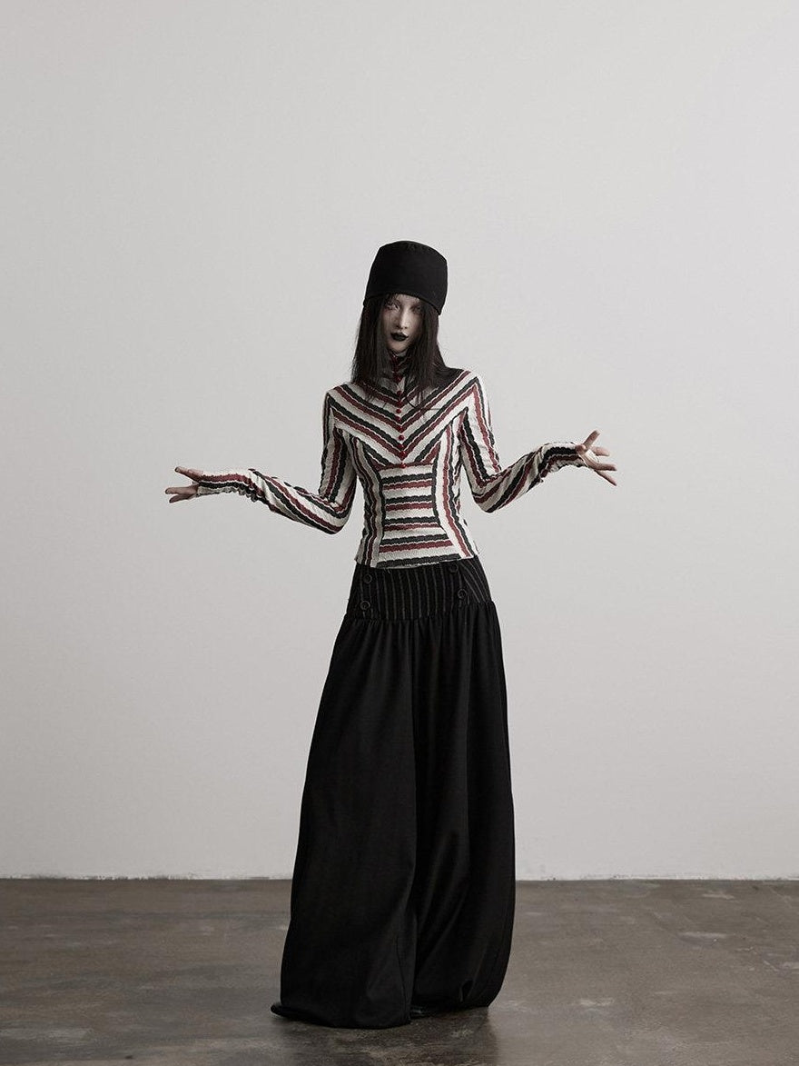 INDULGE Elegant Victorian Striped Button Natural Waist Flared Women Wide-Leg Pants