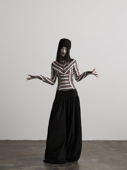 INDULGE Elegant Victorian Striped Button Natural Waist Flared Women Wide-Leg Pants