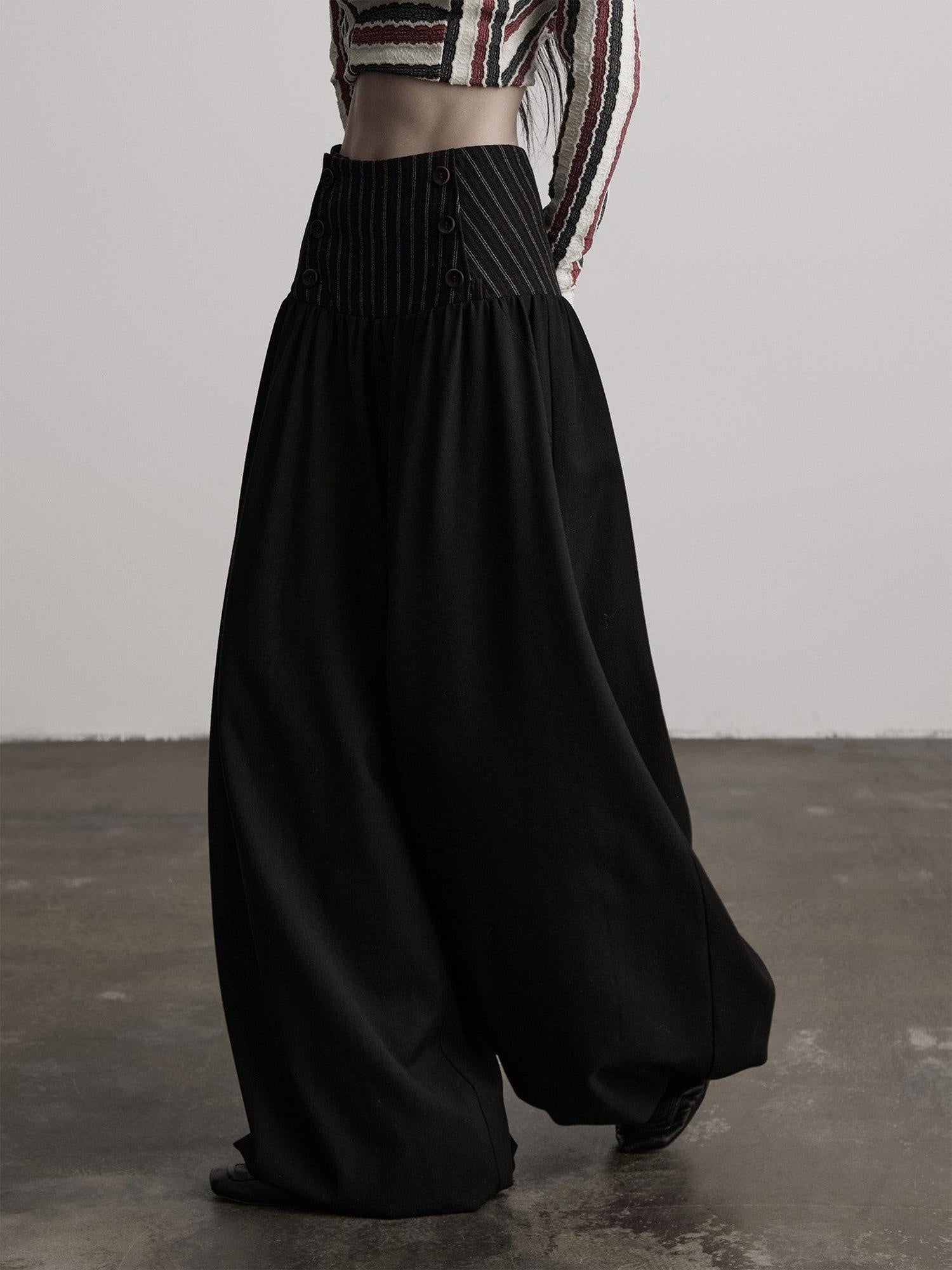 INDULGE Elegant Victorian Striped Button Natural Waist Flared Women Wide-Leg Pants