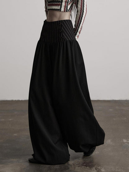 INDULGE Elegant Victorian Striped Button Natural Waist Flared Women Wide-Leg Pants