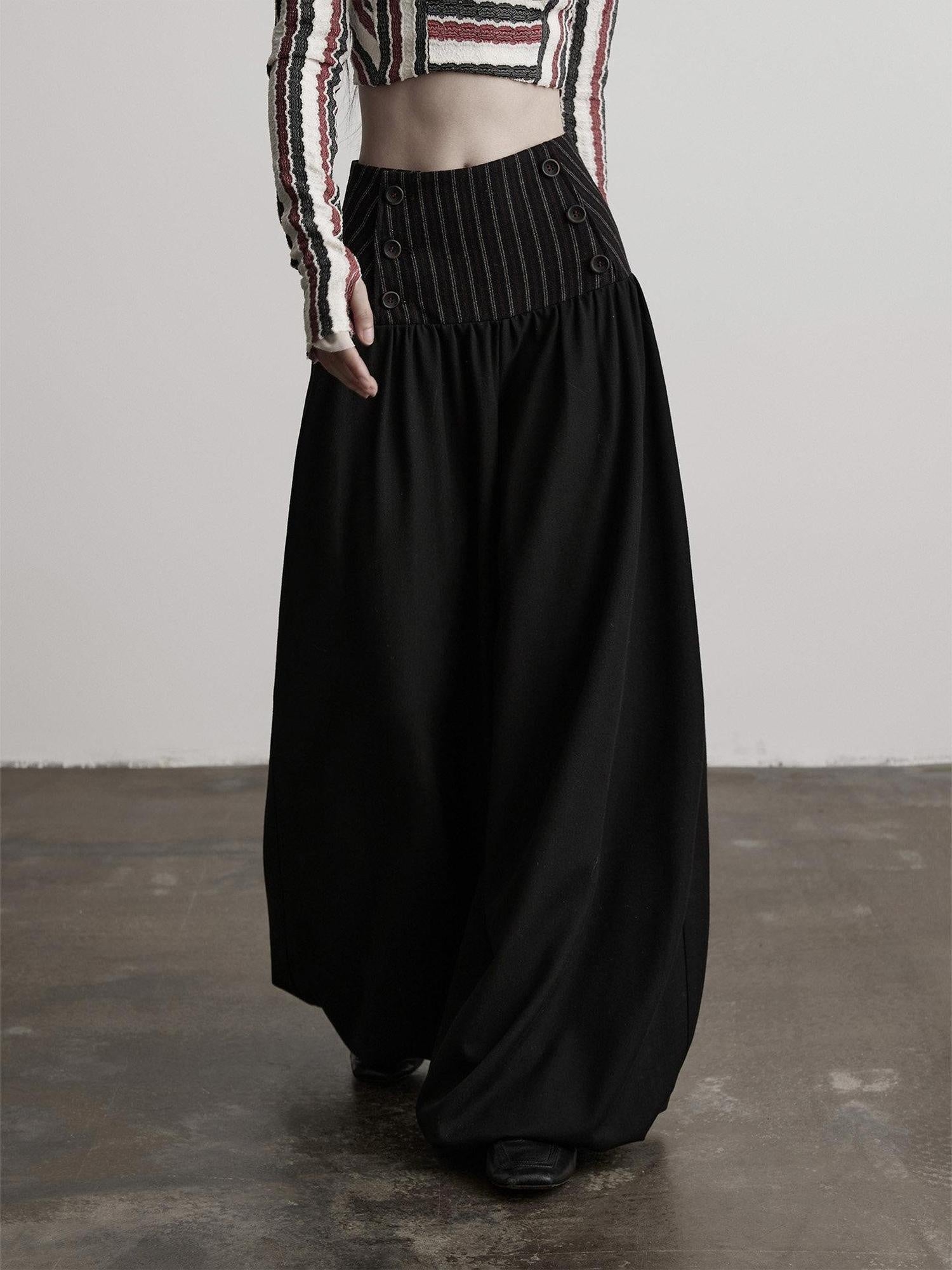 INDULGE Elegant Victorian Striped Button Natural Waist Flared Women Wide-Leg Pants