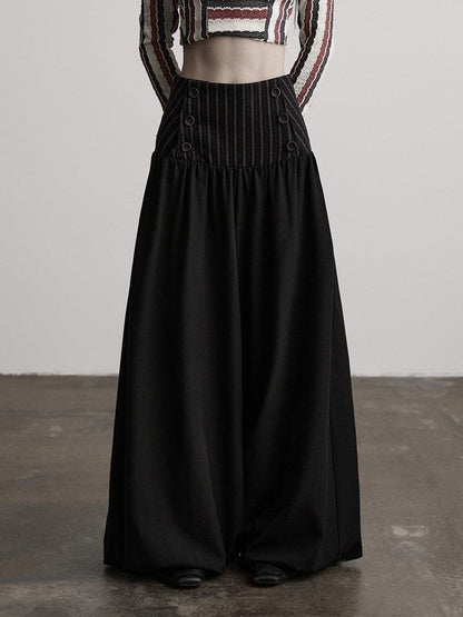 INDULGE Elegant Victorian Striped Button Natural Waist Flared Women Wide-Leg Pants