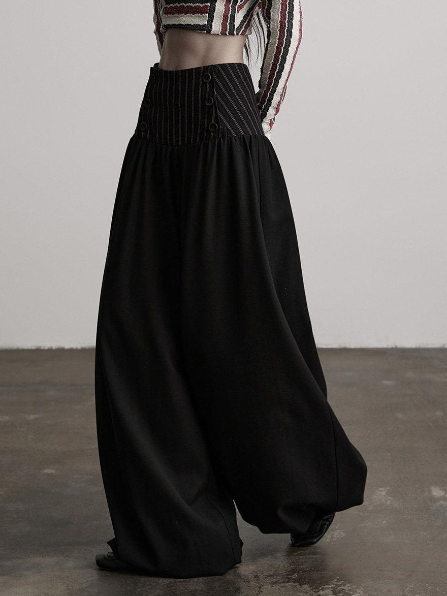 INDULGE Elegant Victorian Striped Button Natural Waist Flared Women Wide-Leg Pants
