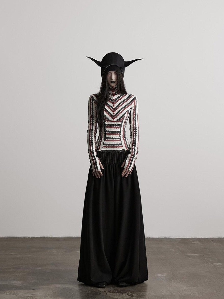 INDULGE Elegant Victorian Striped Button Natural Waist Flared Women Wide-Leg Pants