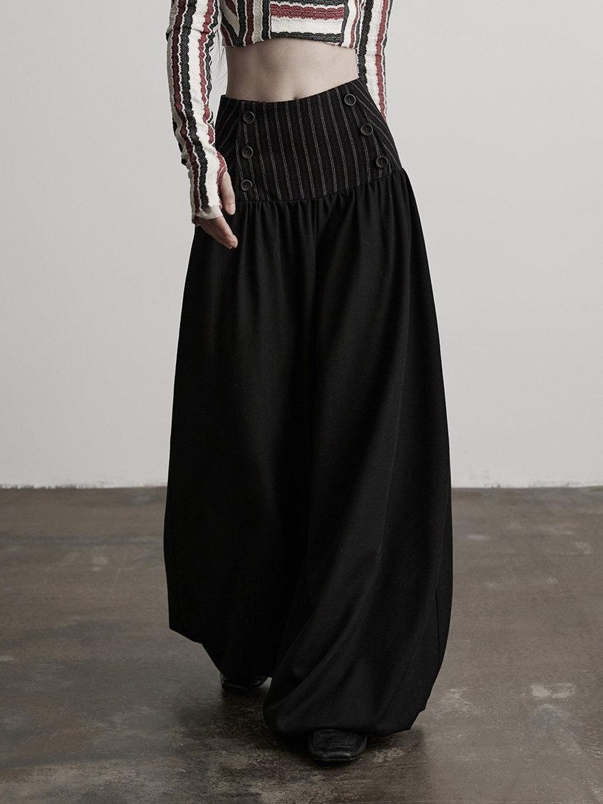INDULGE Elegant Victorian Striped Button Natural Waist Flared Women Wide-Leg Pants
