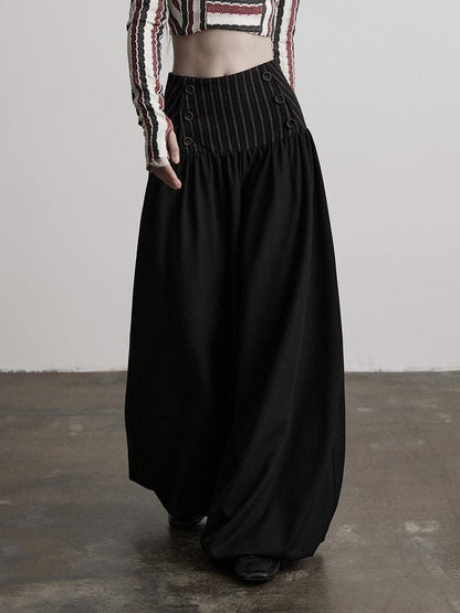 INDULGE Elegant Victorian Striped Button Natural Waist Flared Women Wide-Leg Pants