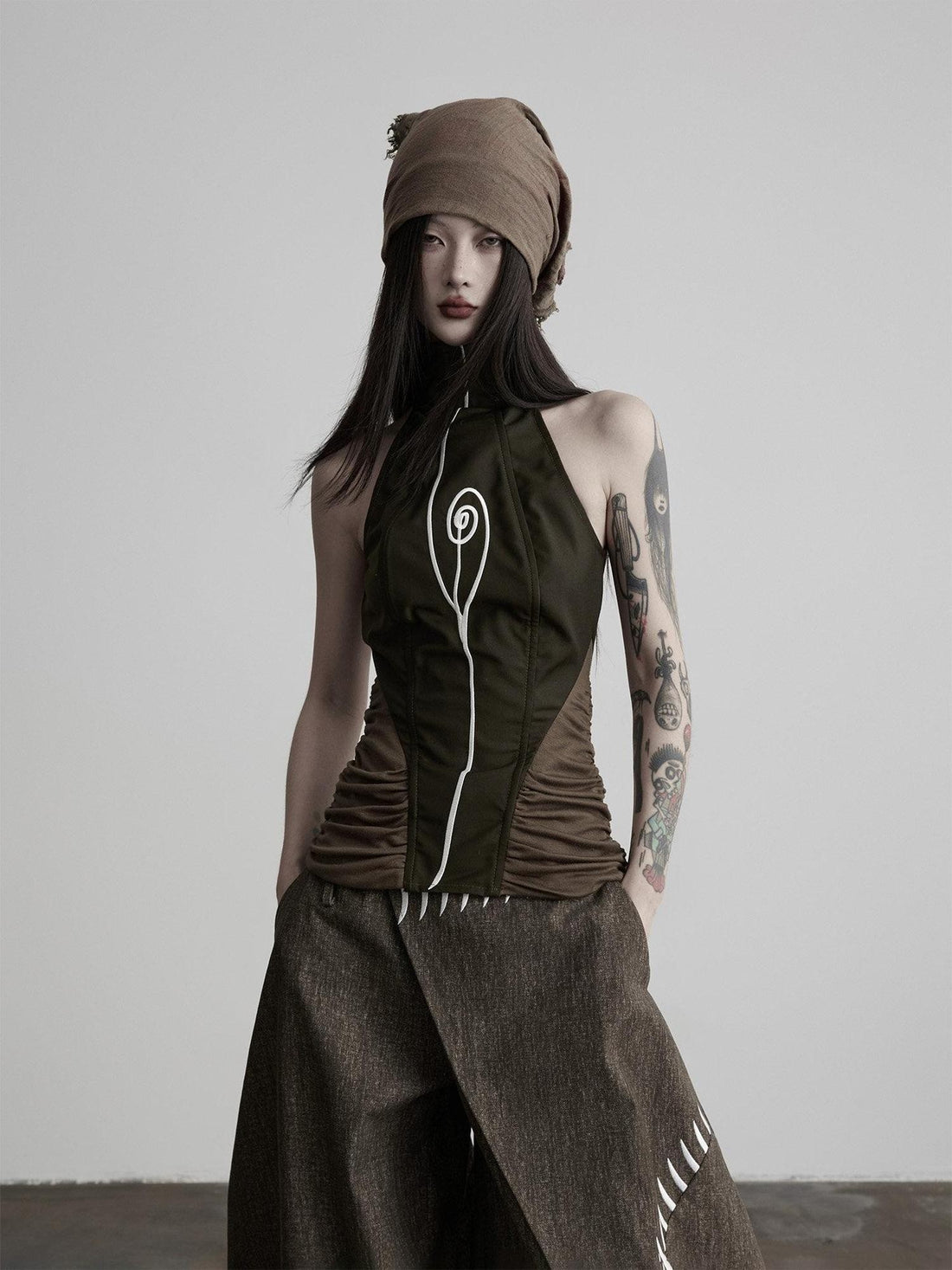 INDULGE Embroidered High Neck Waist Cinch Fitted Women&