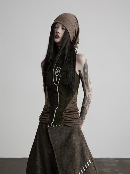 INDULGE Embroidered High Neck Waist Cinch Fitted Women&