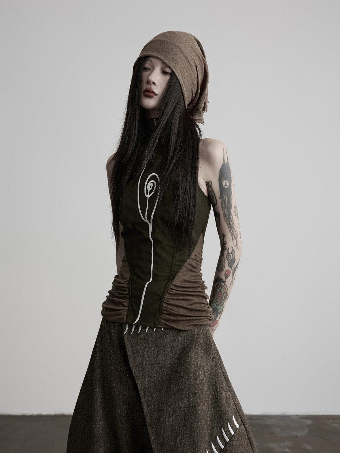 INDULGE Embroidered High Neck Waist Cinch Fitted Women&
