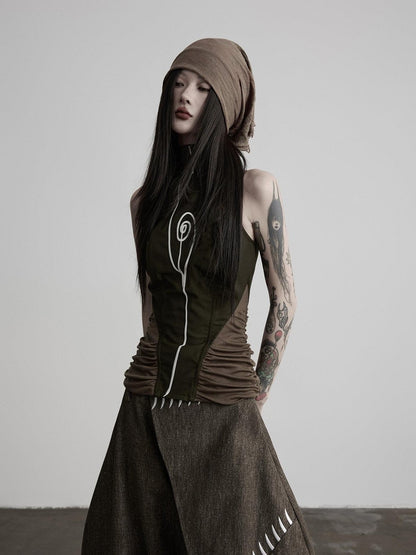 INDULGE Embroidered High Neck Waist Cinch Fitted Women&