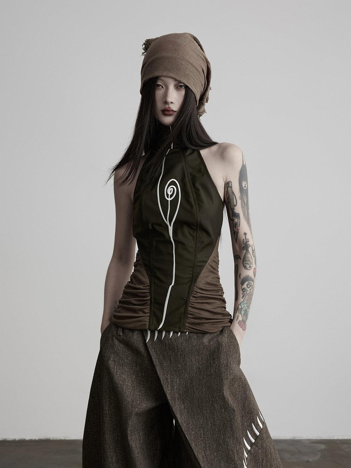 INDULGE Embroidered High Neck Waist Cinch Fitted Women&