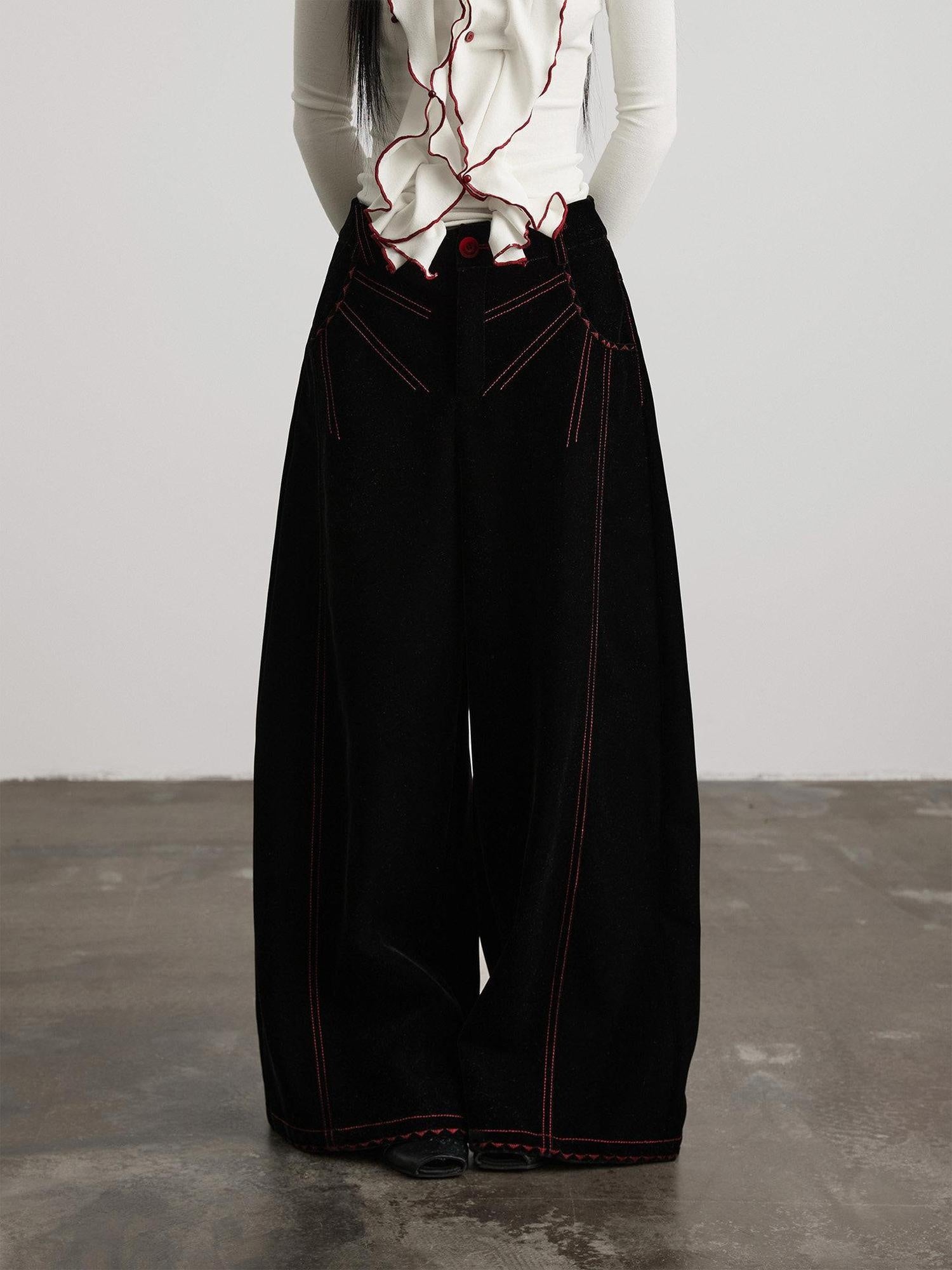 INDULGE Embroidered Pocket High Waist Nylon 3D Tailored Women Black Wide-Leg Pants