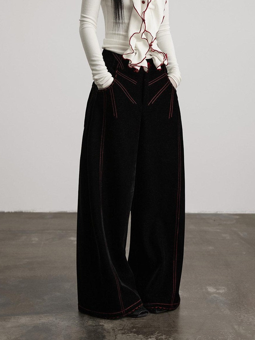 INDULGE Embroidered Pocket High Waist Nylon 3D Tailored Women Black Wide-Leg Pants