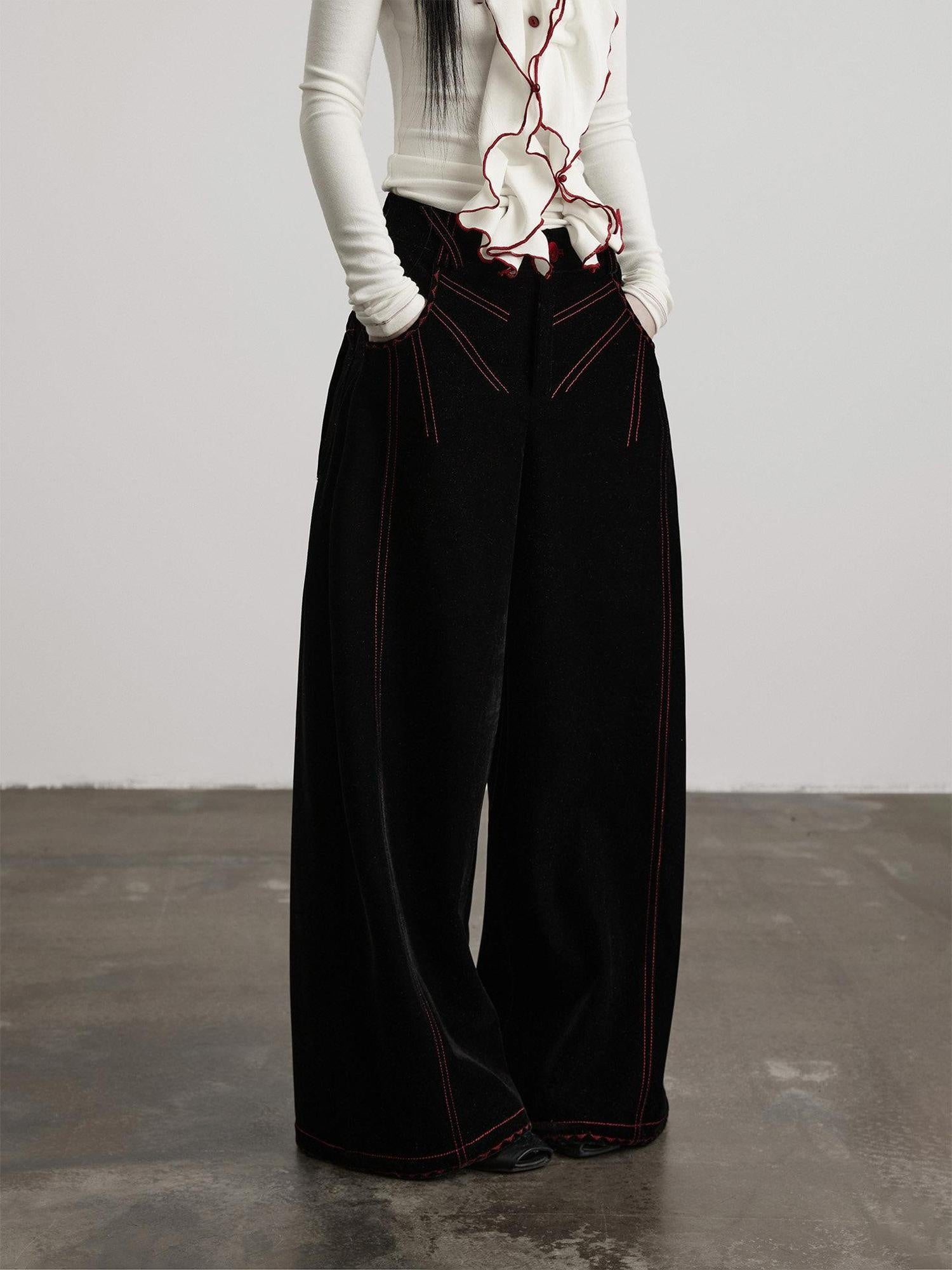 INDULGE Embroidered Pocket High Waist Nylon 3D Tailored Women Black Wide-Leg Pants