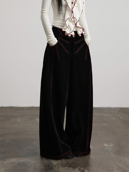 INDULGE Embroidered Pocket High Waist Nylon 3D Tailored Women Black Wide-Leg Pants