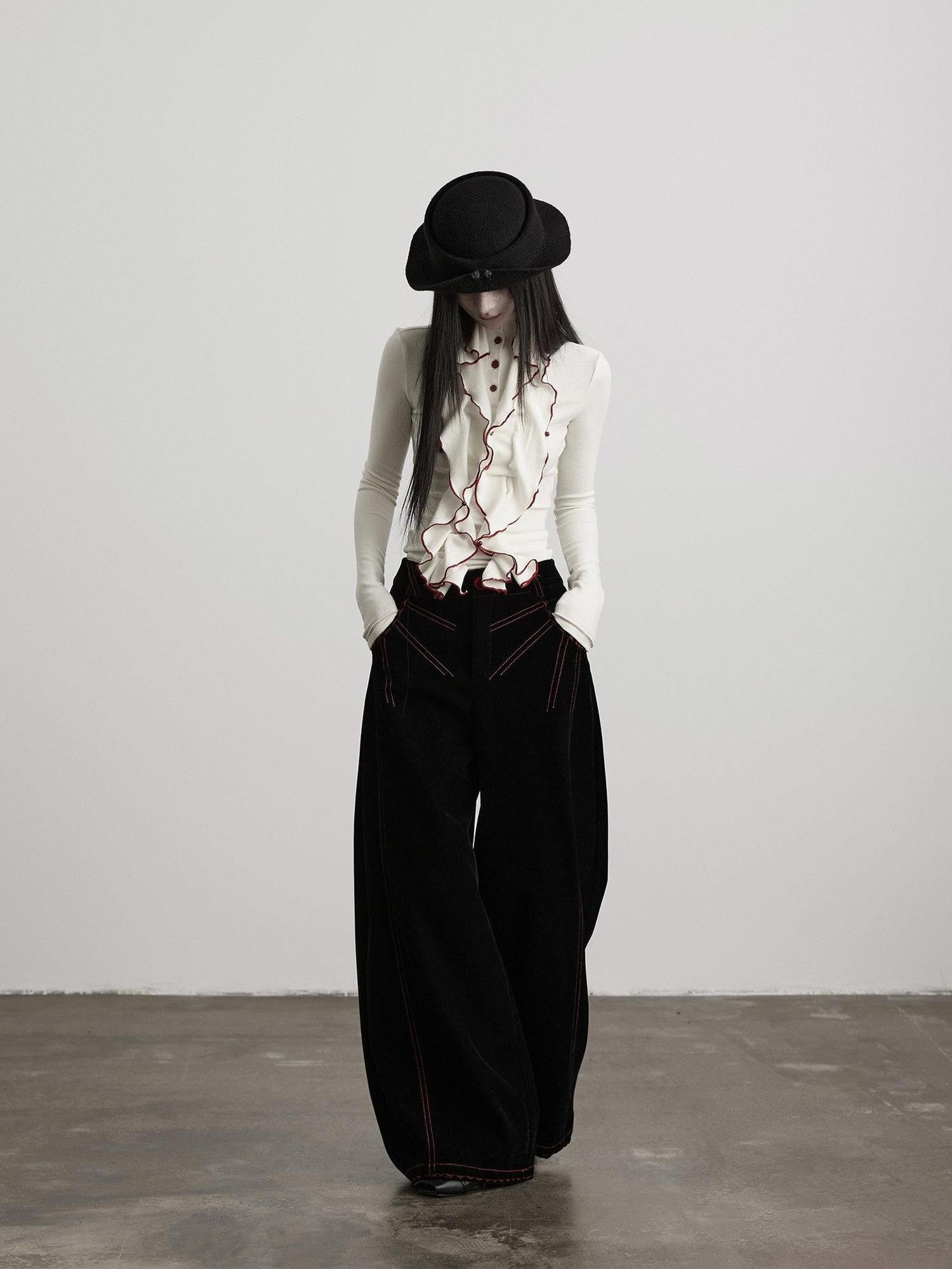 INDULGE Embroidered Pocket High Waist Nylon 3D Tailored Women Black Wide-Leg Pants