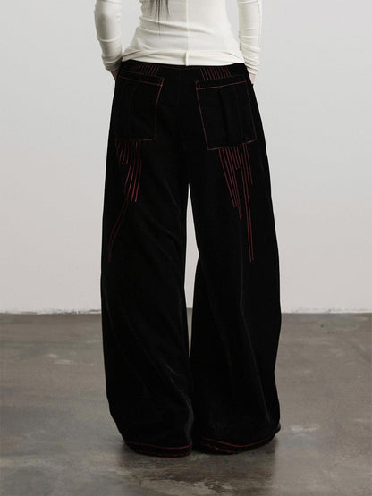 INDULGE Embroidered Pocket High Waist Nylon 3D Tailored Women Black Wide-Leg Pants