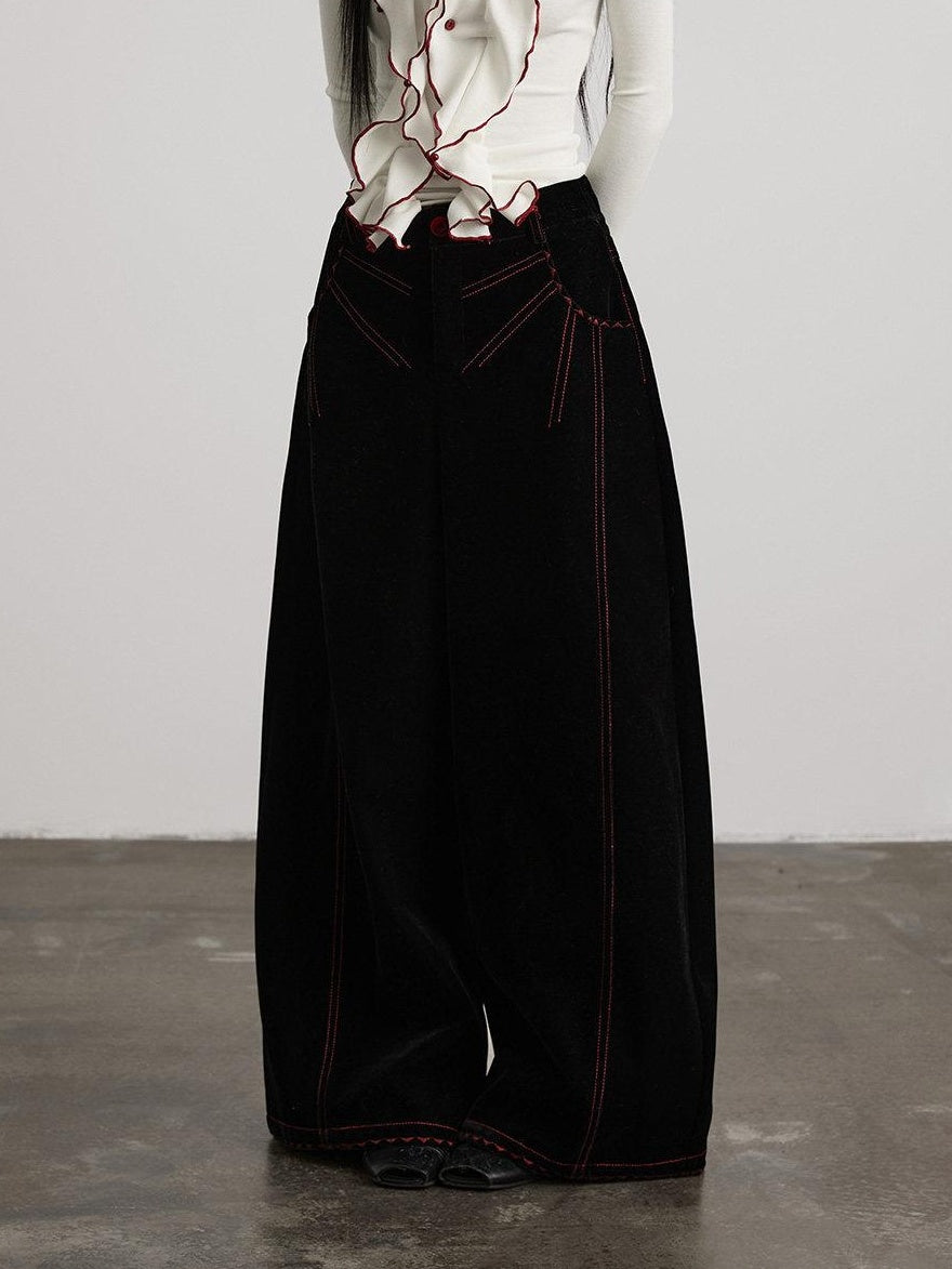 INDULGE Embroidered Pocket High Waist Nylon 3D Tailored Women Black Wide-Leg Pants