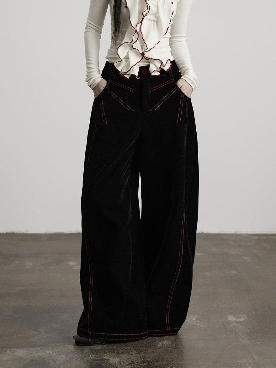 INDULGE Embroidered Pocket High Waist Nylon 3D Tailored Women Black Wide-Leg Pants