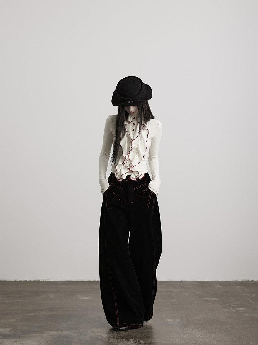 INDULGE Embroidered Pocket High Waist Nylon 3D Tailored Women Black Wide-Leg Pants