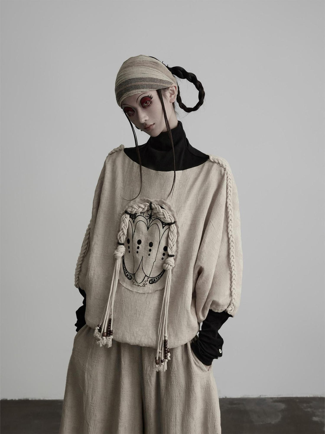 INDULGE Embroidered Rope Texture Batwing Sleeve High Neck Loose Women&
