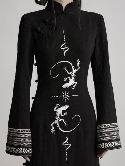 INDULGE Embroidered Stand Collar High Slit Fitted Waist Women&