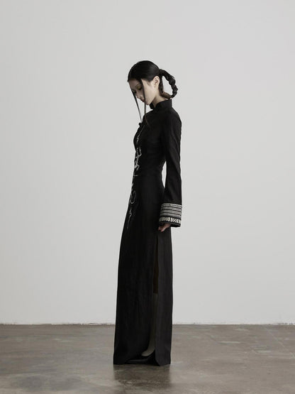 INDULGE Embroidered Stand Collar High Slit Fitted Waist Women&