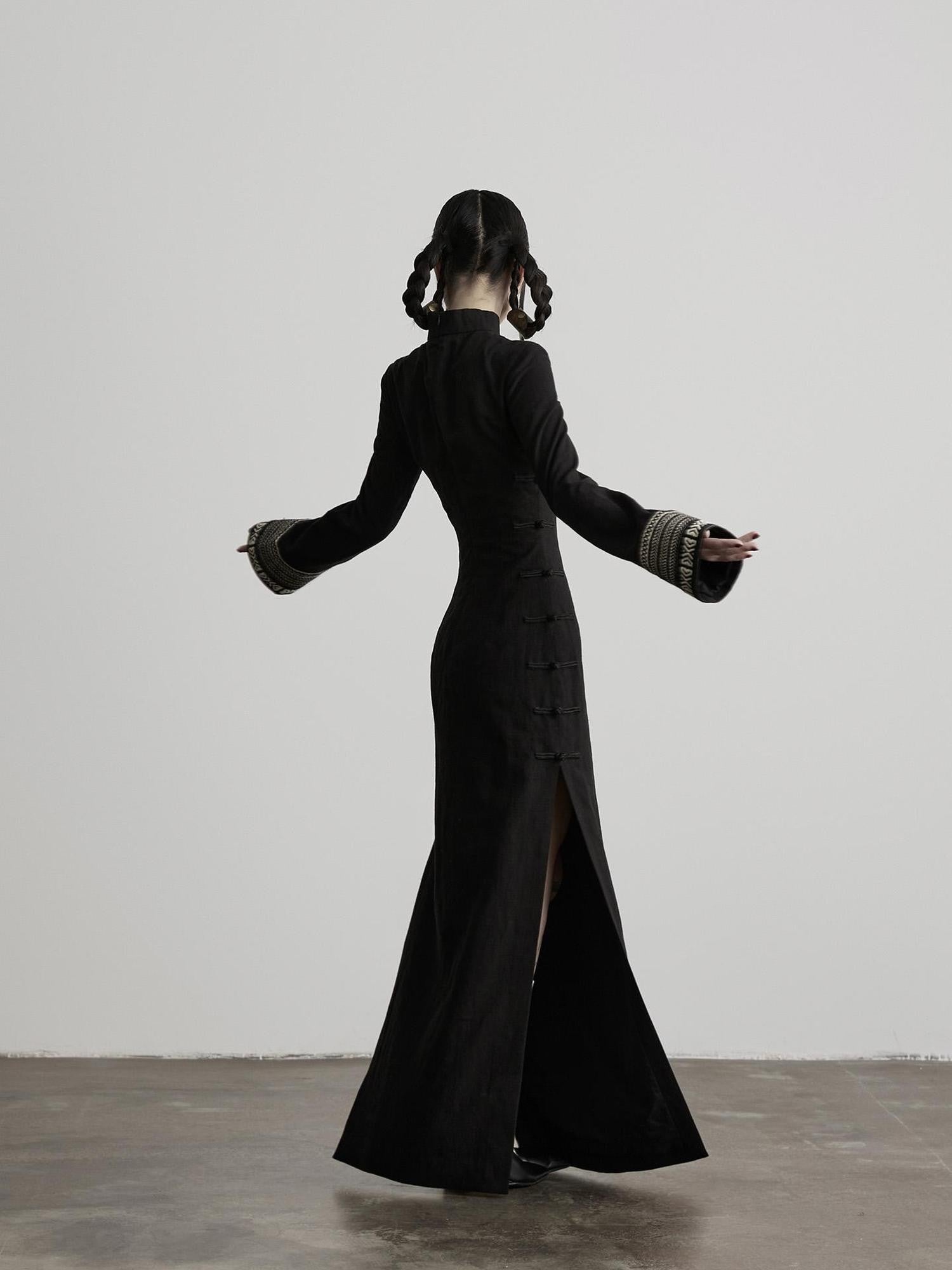 INDULGE Embroidered Stand Collar High Slit Fitted Waist Women&
