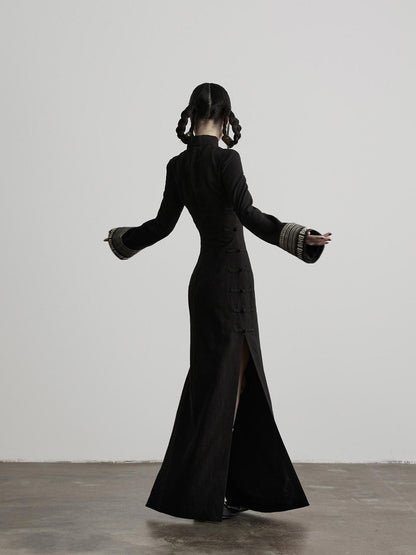 INDULGE Embroidered Stand Collar High Slit Fitted Waist Women&