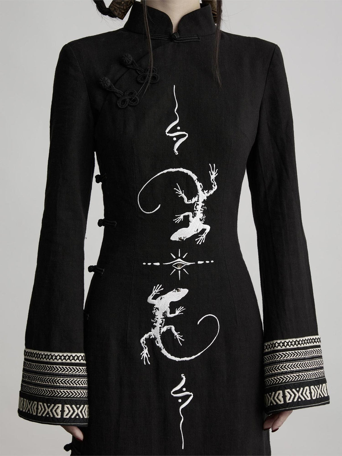 INDULGE Embroidered Stand Collar High Slit Fitted Waist Women&
