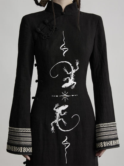 INDULGE Embroidered Stand Collar High Slit Fitted Waist Women&