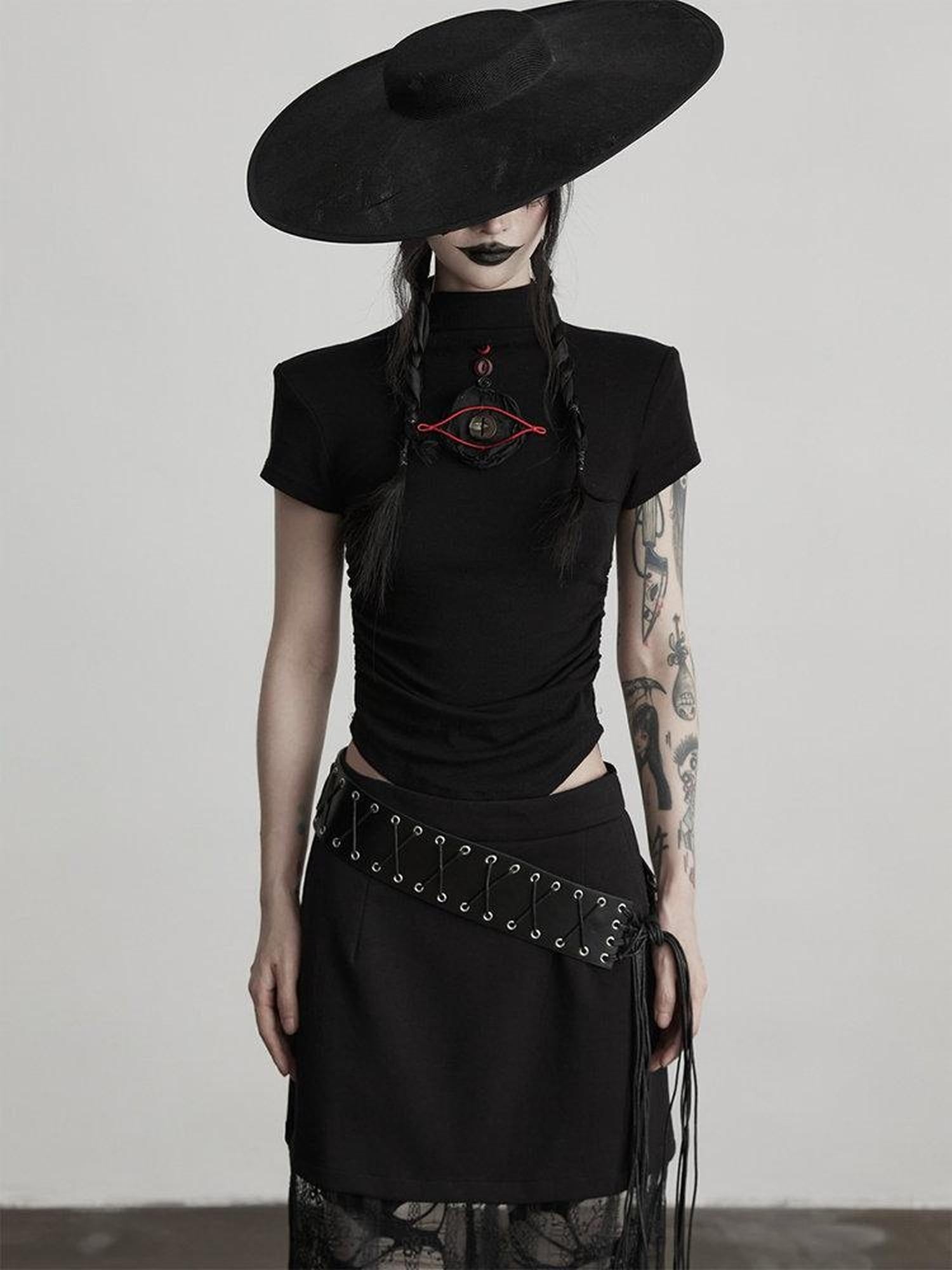 INDULGE Embroidered Wool Blend Slim Fit Edgy Mock Neck Shortsleeve Black Women Crop Tops