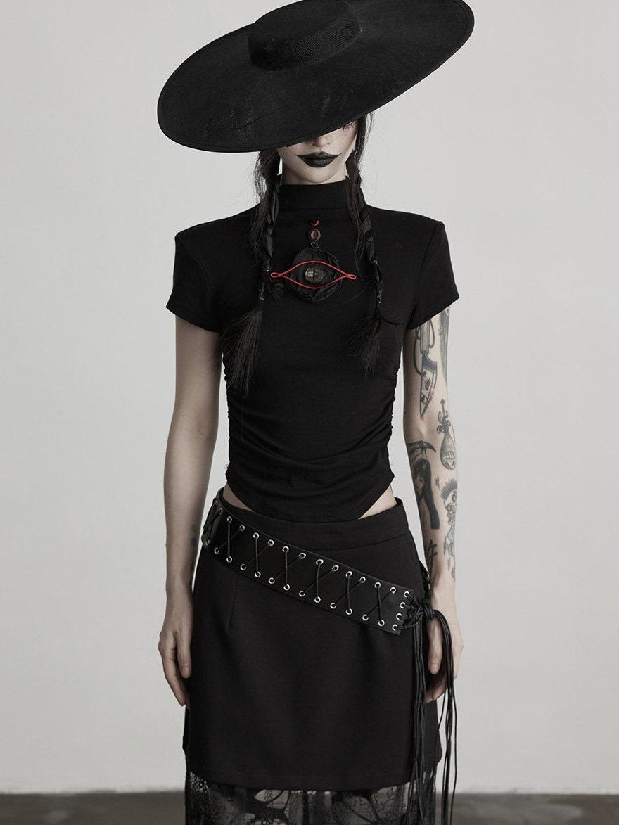 INDULGE Embroidered Wool Blend Slim Fit Edgy Mock Neck Shortsleeve Black Women Crop Tops