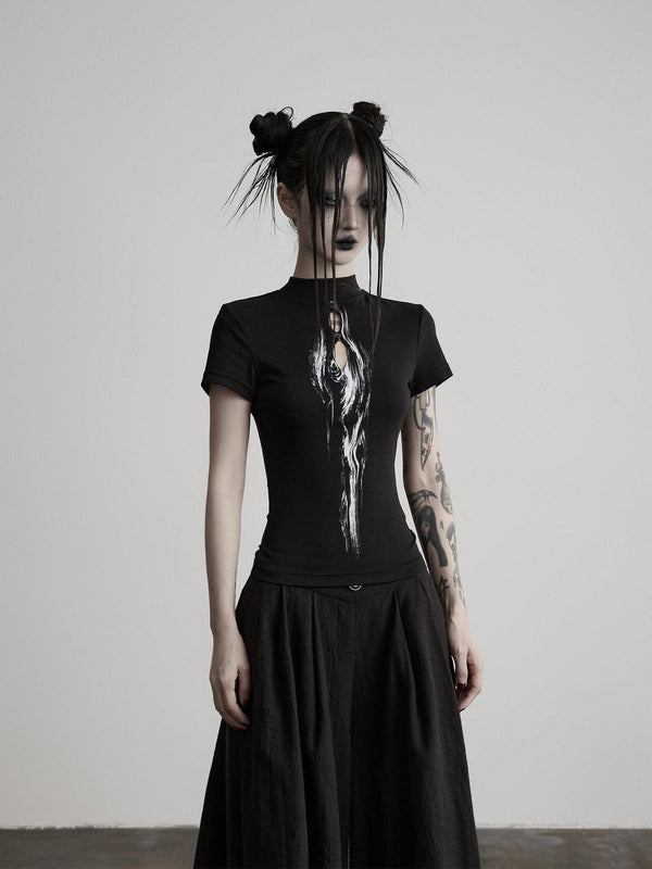 Eye Cutout Digital Print Mock Neck Women's Bamboo Blend Short Sleeve T-shirts