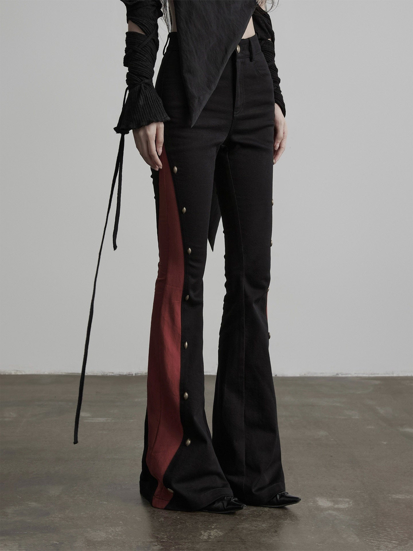 INDULGE Gothic Colorblock Patchwork Pocket Slim Waist Black Red Flare Pants