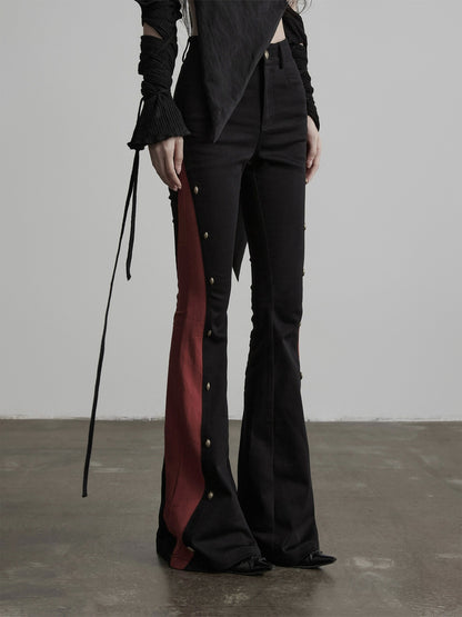 INDULGE Gothic Colorblock Patchwork Pocket Slim Waist Black Red Flare Pants