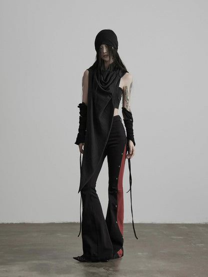 INDULGE Gothic Colorblock Patchwork Pocket Slim Waist Black Red Flare Pants